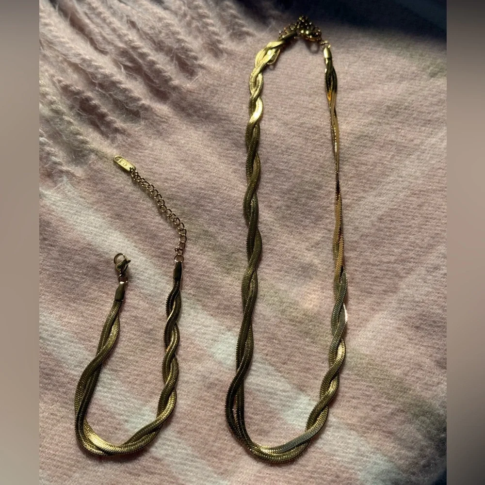 Braided New Herringbone Necklace Bracelet
 Gold 18K plated Set Stainless Steel - Picture 13 of 15